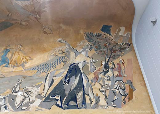 Zentrale Szene im Wandbild: der eselreitende Held greift nach dem Ruhmeskranz der Fama.