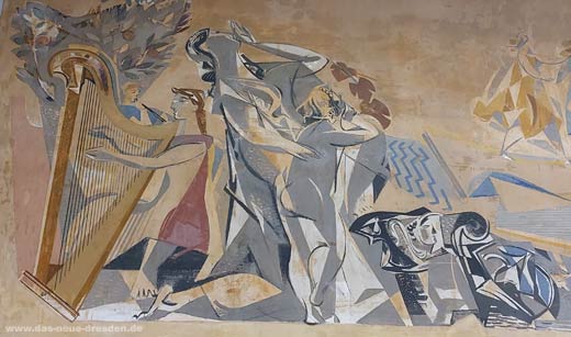 Ausschnitt aus dem Wandbild von Hans Kinder im Treppenaufgang zum Cafe Prag (linke untere Bildhälfte)